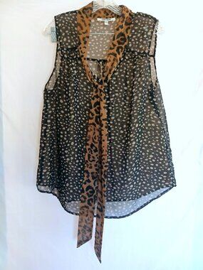 Daniel Rainn Leopard Animal Print Sheer Top Shirt Blouse L Boho Chic Feminine